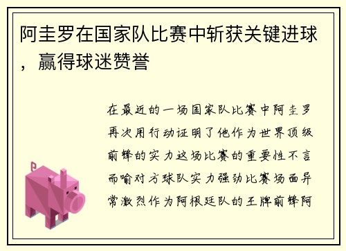 阿圭罗在国家队比赛中斩获关键进球，赢得球迷赞誉