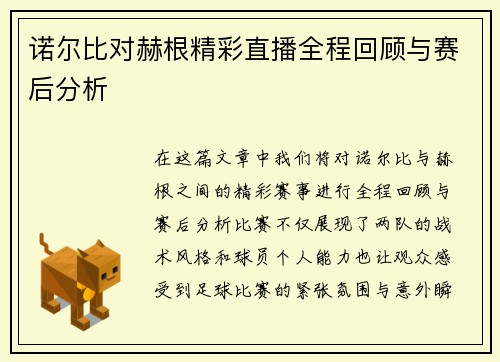 诺尔比对赫根精彩直播全程回顾与赛后分析
