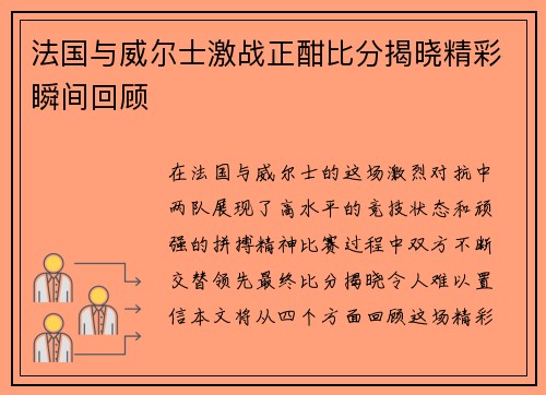 法国与威尔士激战正酣比分揭晓精彩瞬间回顾