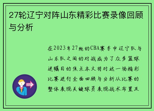 27轮辽宁对阵山东精彩比赛录像回顾与分析