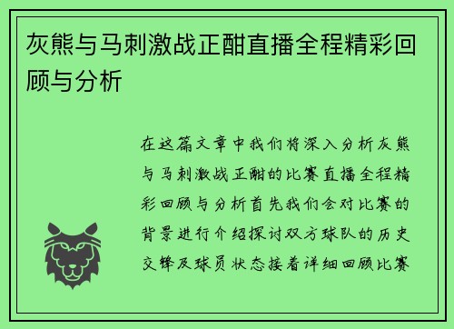 灰熊与马刺激战正酣直播全程精彩回顾与分析