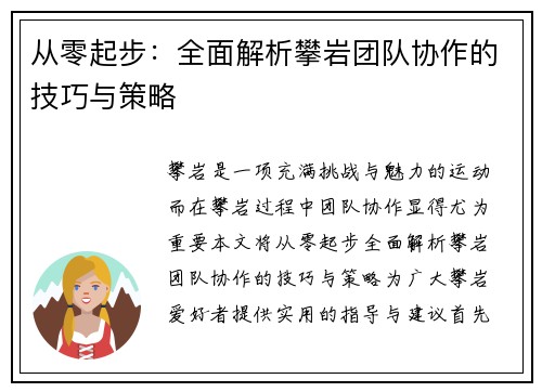 从零起步：全面解析攀岩团队协作的技巧与策略
